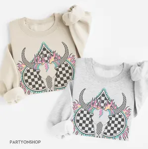 Vintage Western Sweatshirt Retro Boho Cow Skull Pullover Checkerboard Lightning Bolt Steer Sweater Southwestern Sublimation Print Casual Sweatshirt
