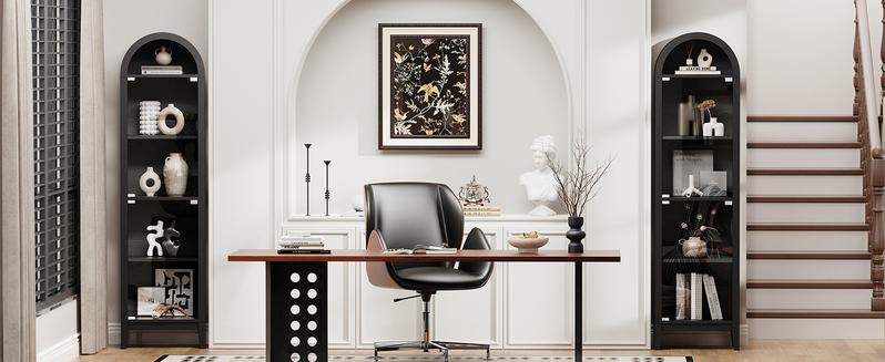 BROTTAR Arched Display Cabinet with Glass Doors, 71" Narrow Curio Cabinet with LED Lights for Collectibles Bookcase, 5-Tier Showcase Glass Display Case with Human Body Sensor for Living Room, Black