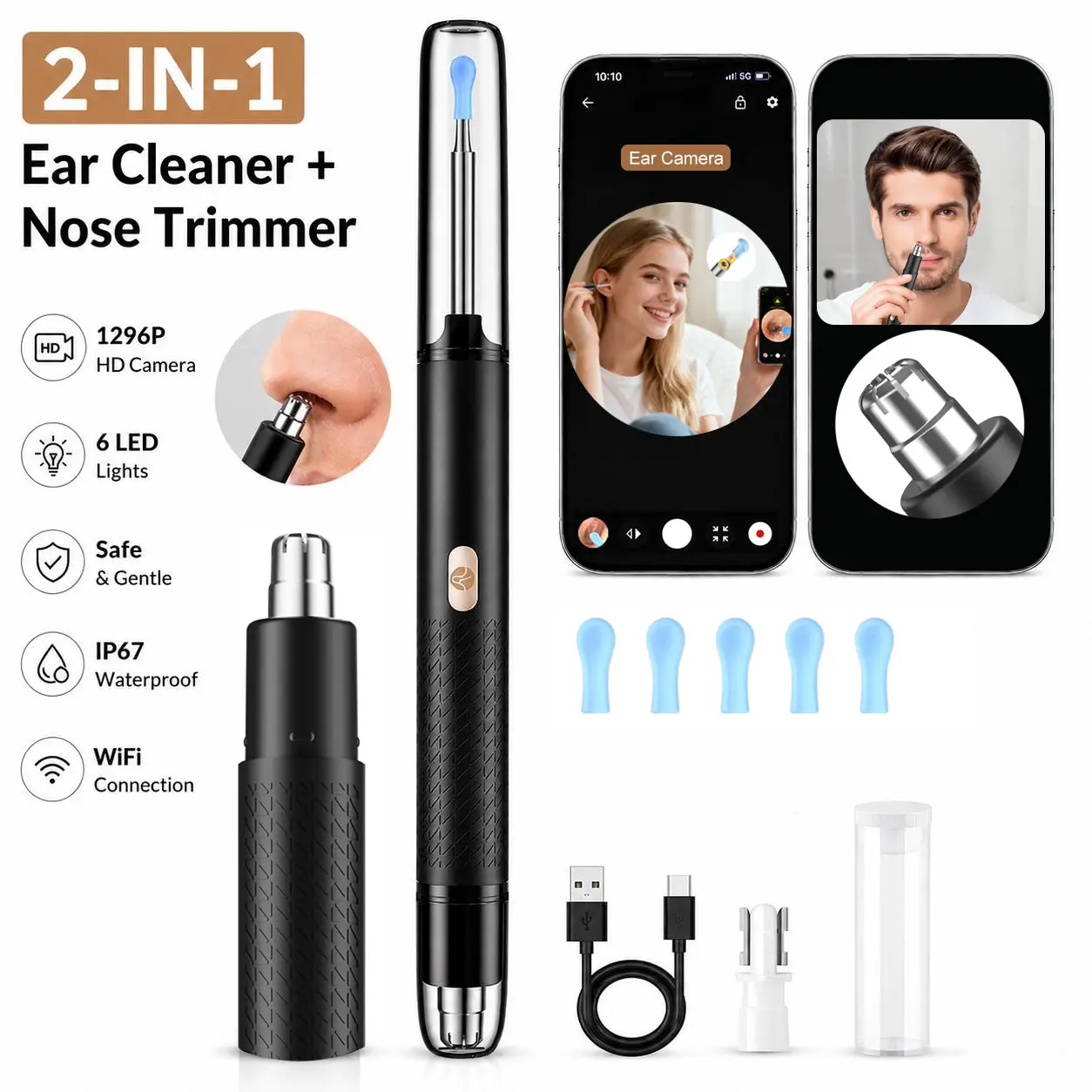 2-in-1 Earwax Cleaning Kit - Ear Wax Removal Tool & Nose Hair Trimmer, 1296P HD Camera, WiFi App Visual Ear Cleaner, 6 LED Lights, Compatible with iPhone & Android