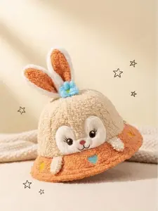 Autumn/Winter Baby Beige Hat for Boys & Girls Cute Cartoon Fisherman's Hat with Rabbit Ears Plush Fabric Teddy Bear Beanie Children's Hat for Ages 2-5 Perfect Gift for Kids