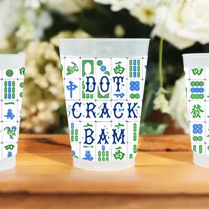 FC6661- Dot Crack Bam Blue and Green on Clear Mahjong Shatterproof Frosted Cups 20 Ounces Set of 6 (Copy)