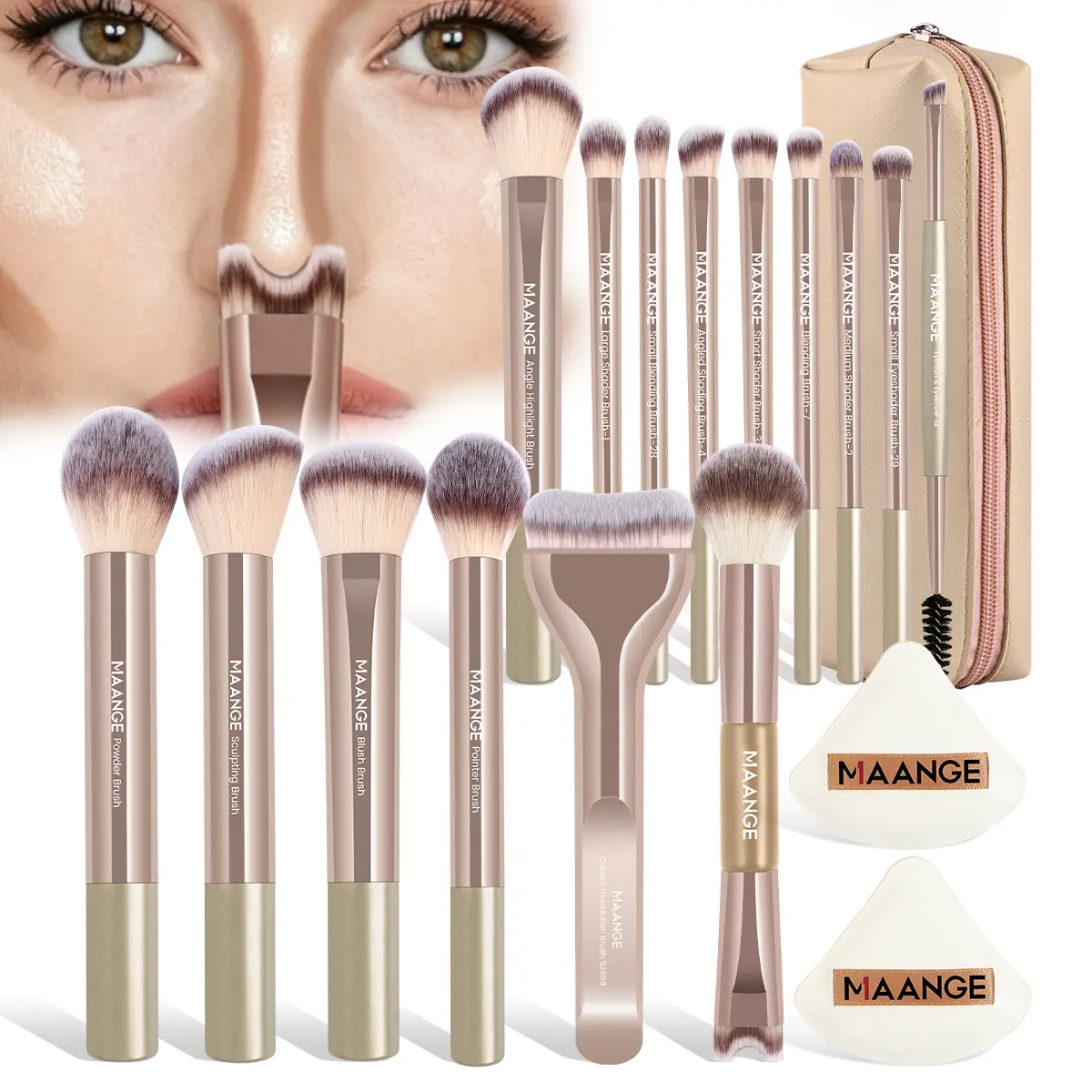 MAANGE Professional Makeup Brush Set, 14 Soft Cosmetic Brushes with 2 Puffs & Travel Bag, Beginner-Friendly Kit for Eyeshadow, Powder, Liquid & Cream, Travel Brush Set