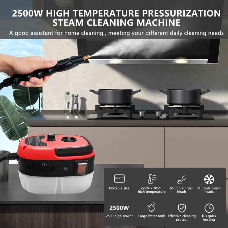 2500W handheld steam cleaner, high-temperature and high-pressure steam cleaner with Multi-Surface Application, portable car Cleaner with Brush Heads , suitable for kitchen grease, car detailing, and bathroom furniture cleaning