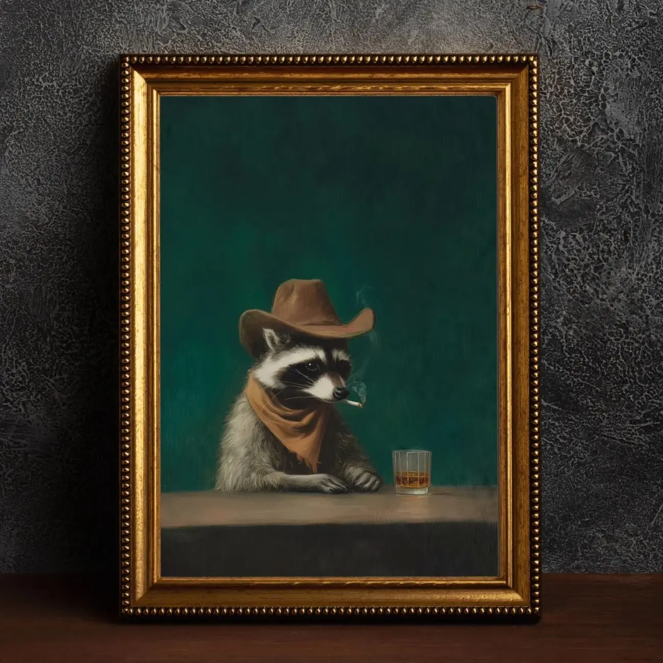Smoking Raccoon Cowboy Art Print, Vintage Funny Animal Wall Art, Moody Bar K