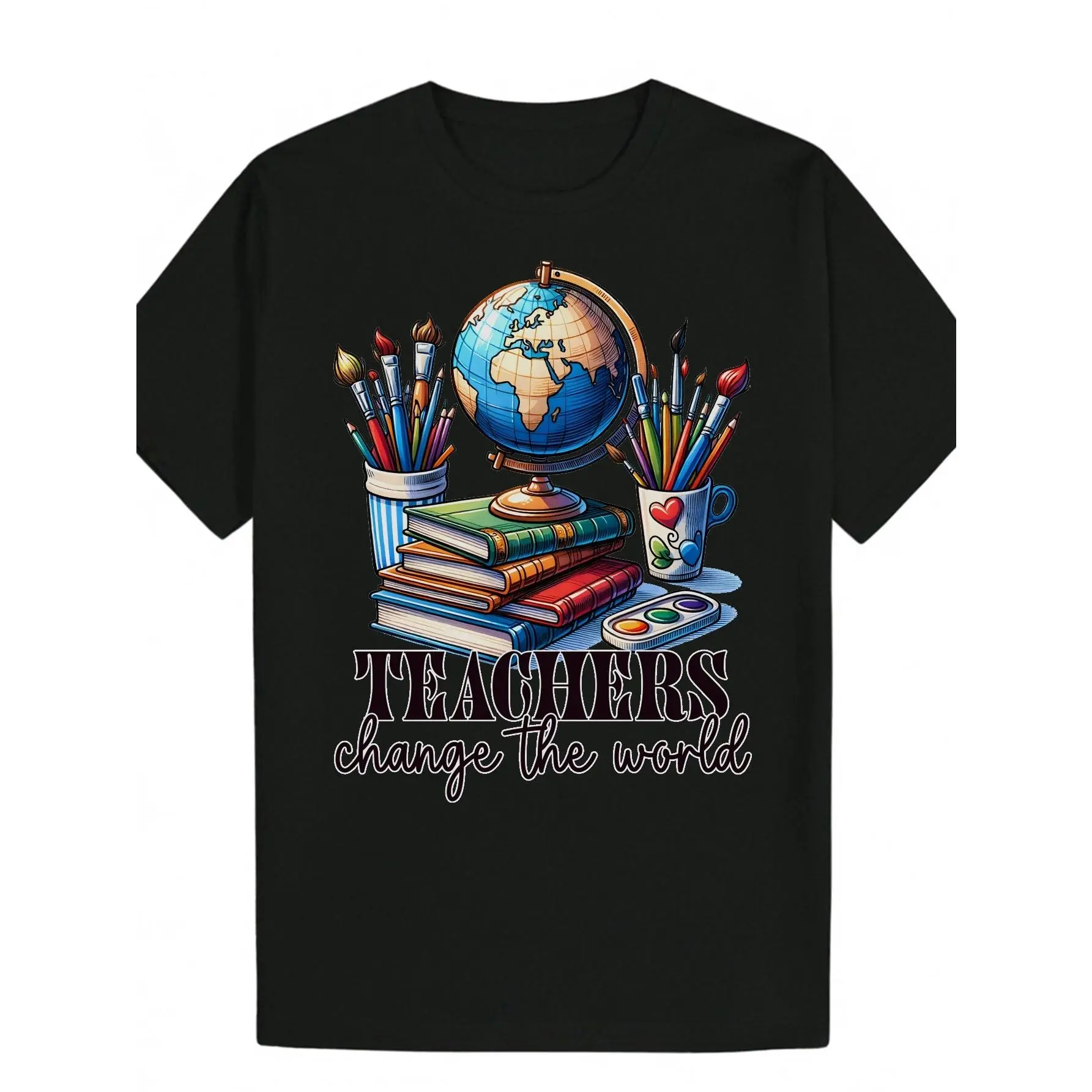 Men's Summer Casual Graphic T-Shirt - Teacher-Themed "Teachers Change The World" Design with Globe,  Books & Pencils - 100% ,  Machine Washable,  Regular Fit Round Neck Tee for Educators & Appreciation Gifts,  Educational Apparel | Teacherthemed Shirt | C