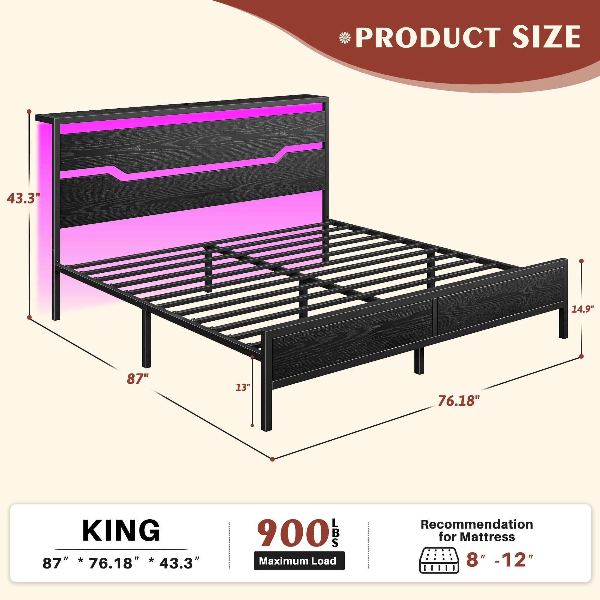 Wood Bed Frame for Queen King Full with Headboard & Storage Shelf, Queen Size Bed Frame with LED Lights & Charging Station,  No Mattress, Holds up to 900LBS with Metal Slats & Frame, No Noise