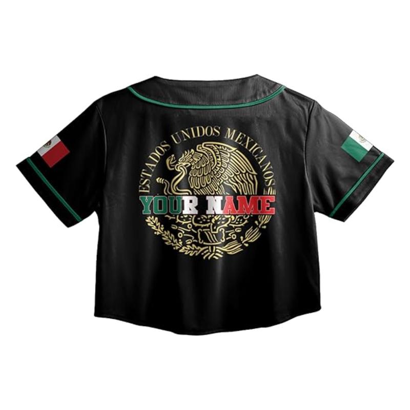 Mexico Flag Baseball Jersey Crop Top – Personalized Name & Number, Mexican Custom Jersey for Women Game Day Outfit
