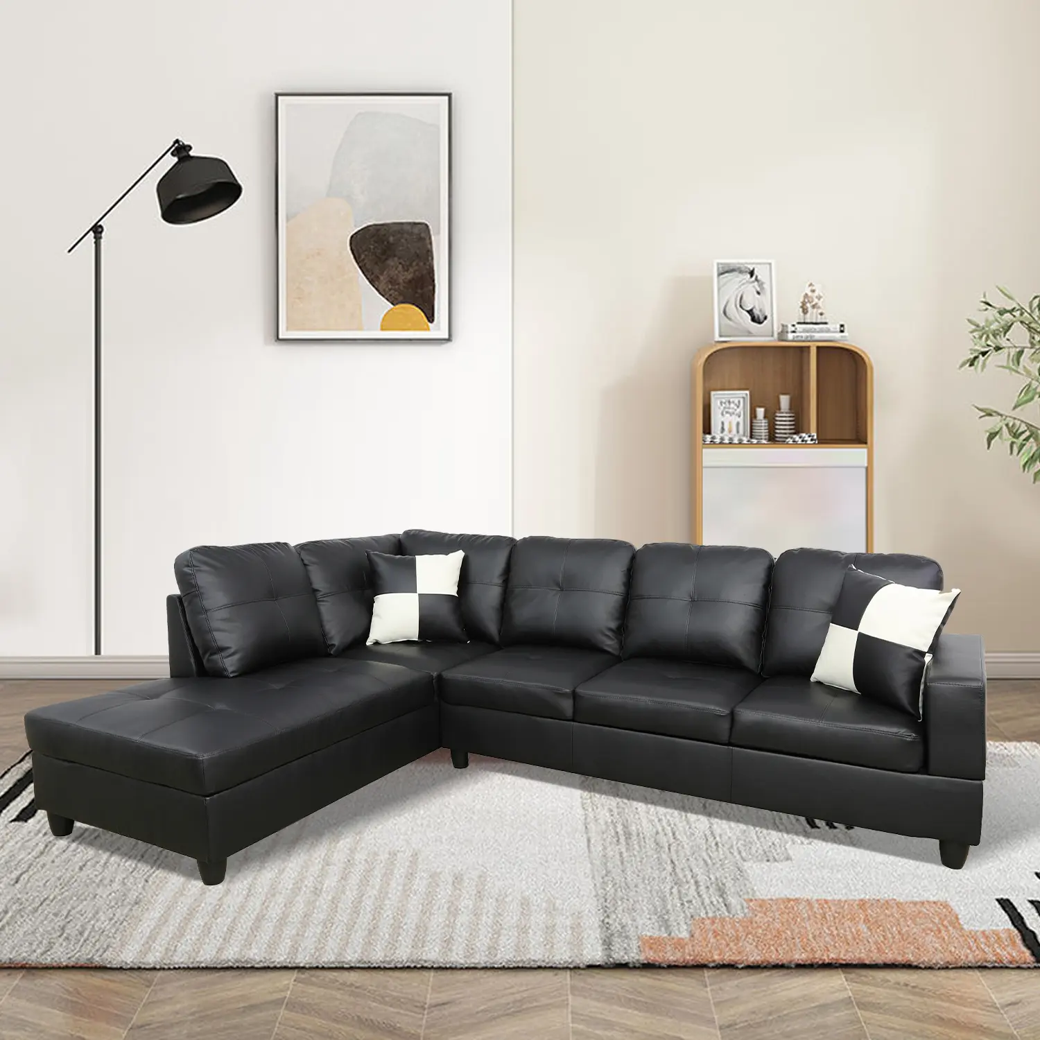 Black Faux Leather L‑Shape Sectional Sofa Couch Set, Tufted Corner Sofa with Storage Ottoman & Throw Pillows for Living Room