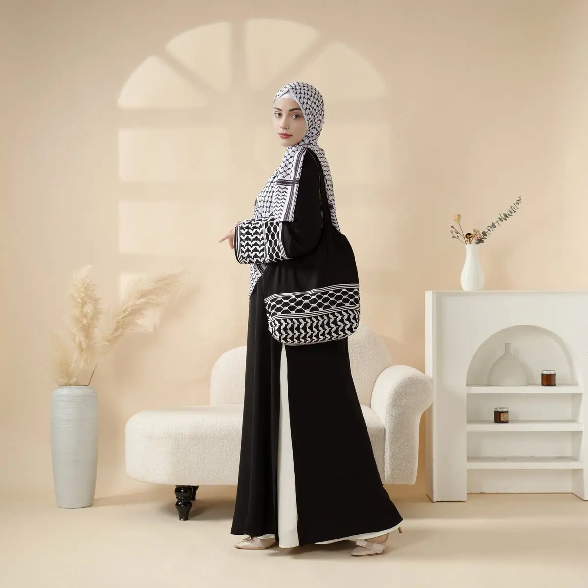 Women's Keffiyeh Abaya Set, 2-Piece Lightweight Crepe Modest Dress with Matching Crossbody Bag and High Side Slits for Eid, Abaya Dress Set, Cultural Symbolism, Graceful Silhouette, Modest Fashion, Keffiyeh-Inspired, 2-Piece Set