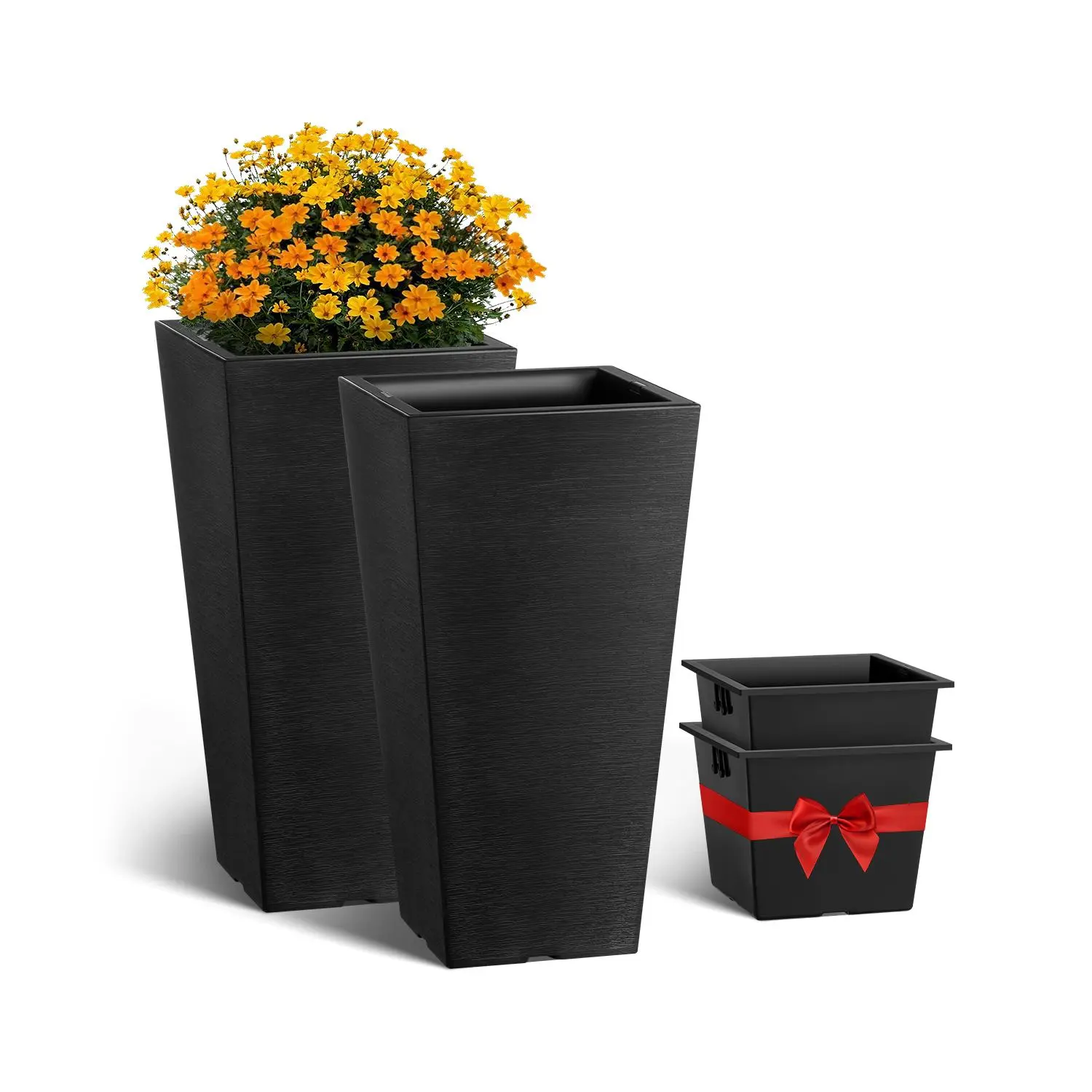 【Summerfinds】VEVOR Set of 2 Tall Outdoor Planters 22inch Large Planters For Outdoor Indoor PlantsBlack Tapered Square Front Porch Planters Flower Tree Plant Pots with Modern Design and Built-in Drainage