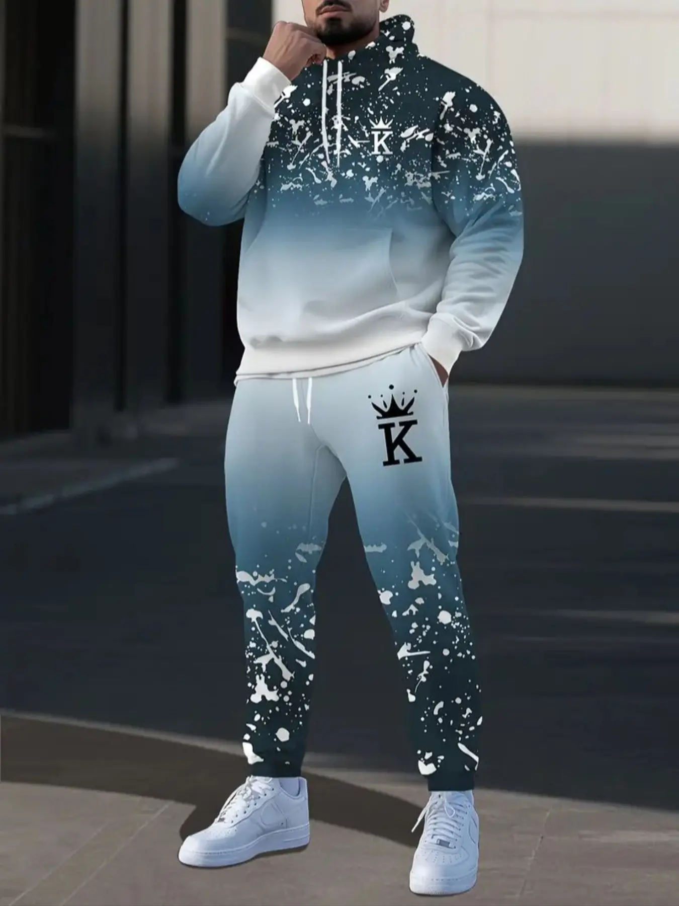 Men's Fashion Geometric Wolf Print Hoodie Sweatshirt Set, Casual Sportswear Long Sleeve Pullover with Pockets & Drawstring Waist, Fall Winter Streetwear
