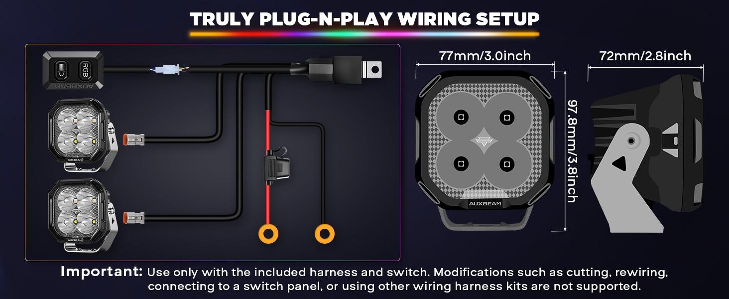 Auxbeam Color Play Seies 3 Inch RGB LED Pod Lights, 7 Dynamic Gradient Cycle Backlight, 116W Spot Flood Combo, RGBW Color Changing Off Road Driving Light for Jeep Truck ATV, with White Amber Covers Auxbeam Color Play Seies 3 Inch RGB LED Pod Lights, 7 Dynamic Gradient Cycle Backlight, 116W Spot Flood Combo, RGBW Color Changing Off Road Driving Light for Jeep Truck ATV, with White Amber Covers