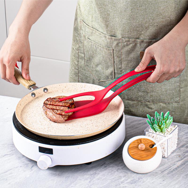 BRODARK 2-in-1 Silicone Shovel & Tweezers Tongs - Black Egg Flipper Pancake Steak Turner Omelet Maker Spatula Fish French Toast Tongs for Home Kitchen Cooking Tools Utensils