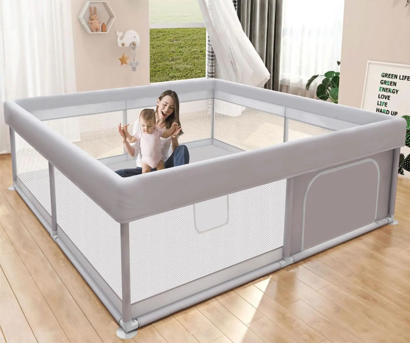  Safety Play Yard, Durable Playpen  Baby Playpen 50x50 Inch, Play Pens for Babies and Toddlers Baby Fence Play Yards for Indoor & Outdoor with Breathable Mesh Anti-Fall Playpen Infant Playpen Safety Play Yard Playard Metal Playpen Sturdy Safe Playard