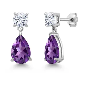 925 Sterling Silver Purple Amethyst and White Moissanite Teardrop Dangle Drop Earrings For Women (6.90 Cttw, Gemstone Birthstone, Pear Shape 12x8MM, Round 6MM)