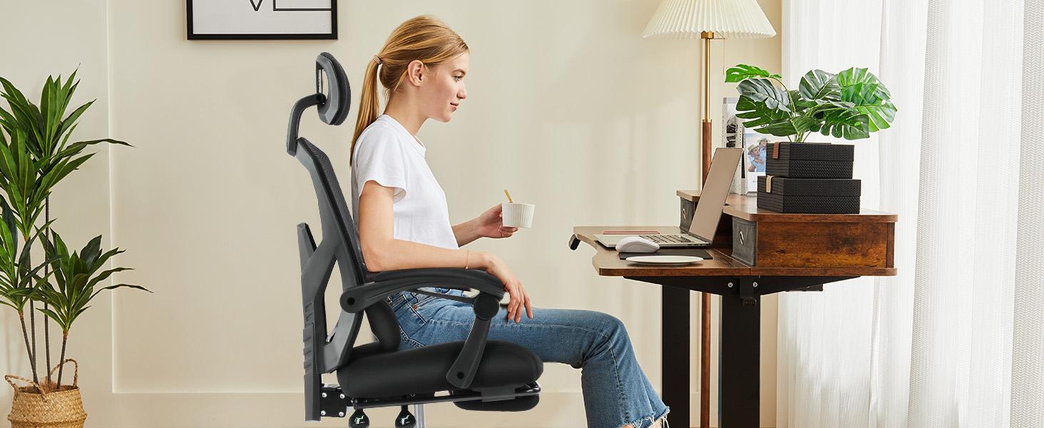 Sweetcrispy Plus Mesh Office Chair, with Lumbar Pillow & Retractable Footrest, with Padded Armrests and Adjustable Headrest, Height Adjustable