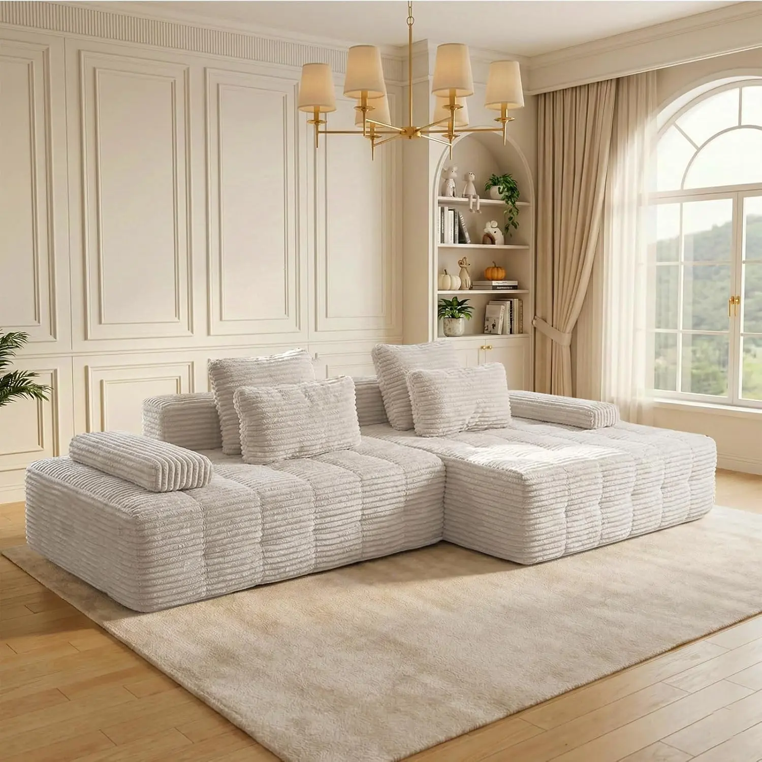 [Father's Day] Convertible Corduroy Boneless L-Shaped Modular Sectional Couch - Customizable, 35d Memory Foam, Fixed Armrest, Washable Covers, Pre-Assembled, 2-Package Shipping, 48h Foam Expand, 58-inch Deep Seats, Ideal for Afternoon Naps