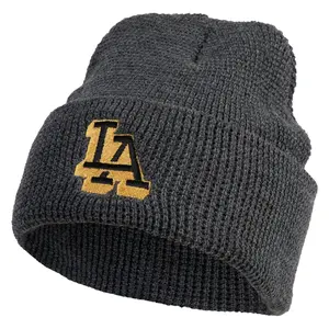 Block Letter LA Embroidered Waffle Knit Cuff Beanie