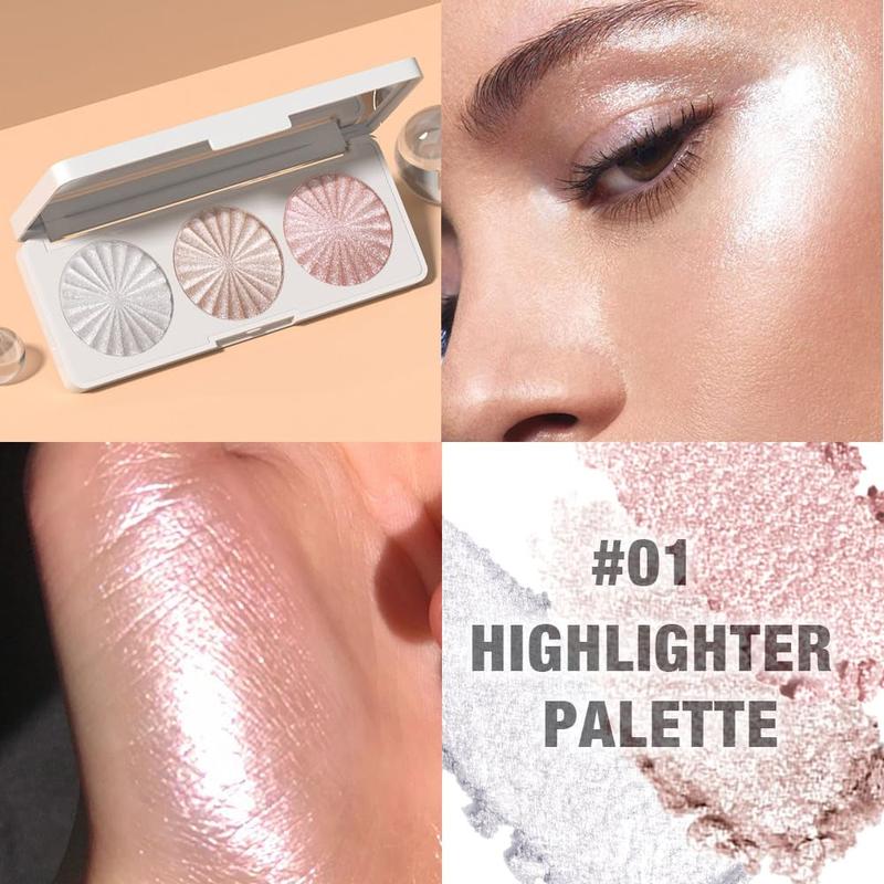 Pearl White Ice Silver Champagne Gold Rose Pink Shimmer Glitter Highlighter Highlight Makeup Contour Powder,Glitter Face Illuminator Highlighter, Illuminator Make Up (Lunar Glow Trio)