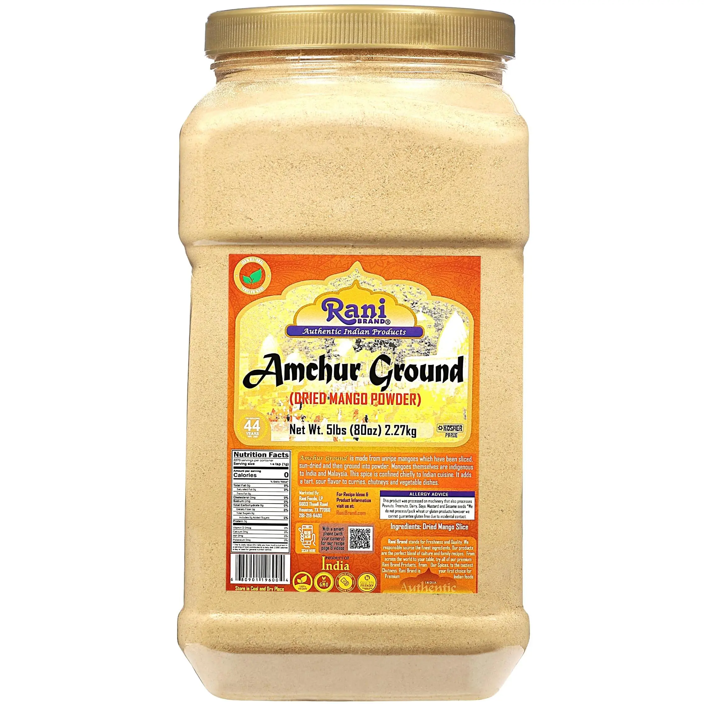 Rani Amchur (Mango) Ground Powder Spice 80oz (5lbs) 2.27kg Bulk PET Jar ~ All Natural | Gluten Friendly | Vegan | No Salt or Fillers | Kosher | Indian Origin