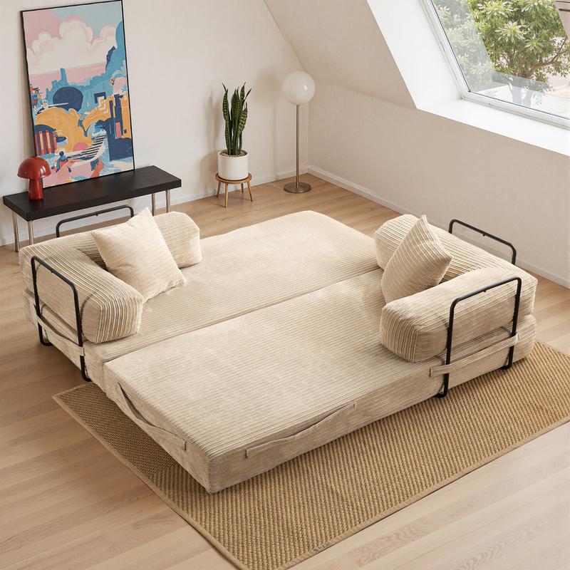 【Jumpstart Sale】Ovios 81" Convertible Boneless Sofa Bed, Fold Out Loveseat Sleeper Couch with Pillow, 4 in 1 Modular Cloud Corduroy Folding Queen Bed Floor Mattress, Lazy Chair for Living Room Bedroom
