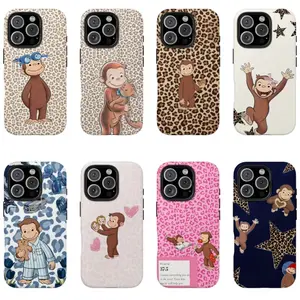 Cute Monkey Tough Phone Case Fun Cartoon Design with Leopard Print Background Gift for Fans Curious George Protective Cover for iPhone 11-17 Pro Max Shock-Resistant TPU Lining