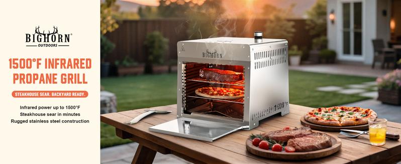BIG HORN 1500°F Infrared Grill Tabletop Broiler (Pizza Stone INCLUDED), Portable Propane Steak Cooker, Stainless Steel Outdoor Camp Grill Countertop Ovens Caramelized Crust TikTokShopBlackFriday BIG HORN 1500°F Infrared Grill Tabletop Broiler (Pizza Stone INCLUDED), Portable Propane Steak Cooker, Stainless Steel Outdoor Camp Grill Countertop Ovens Caramelized Crust TikTokShopBlackFriday