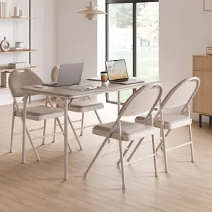 4 Pack Beige Folding Card Chairs, Thickened Padded PU Cushion, Metal Legs and Non-Slip Feet Pads, Portable Stackable Commercial Seat for Events, Office, Wedding, Party
