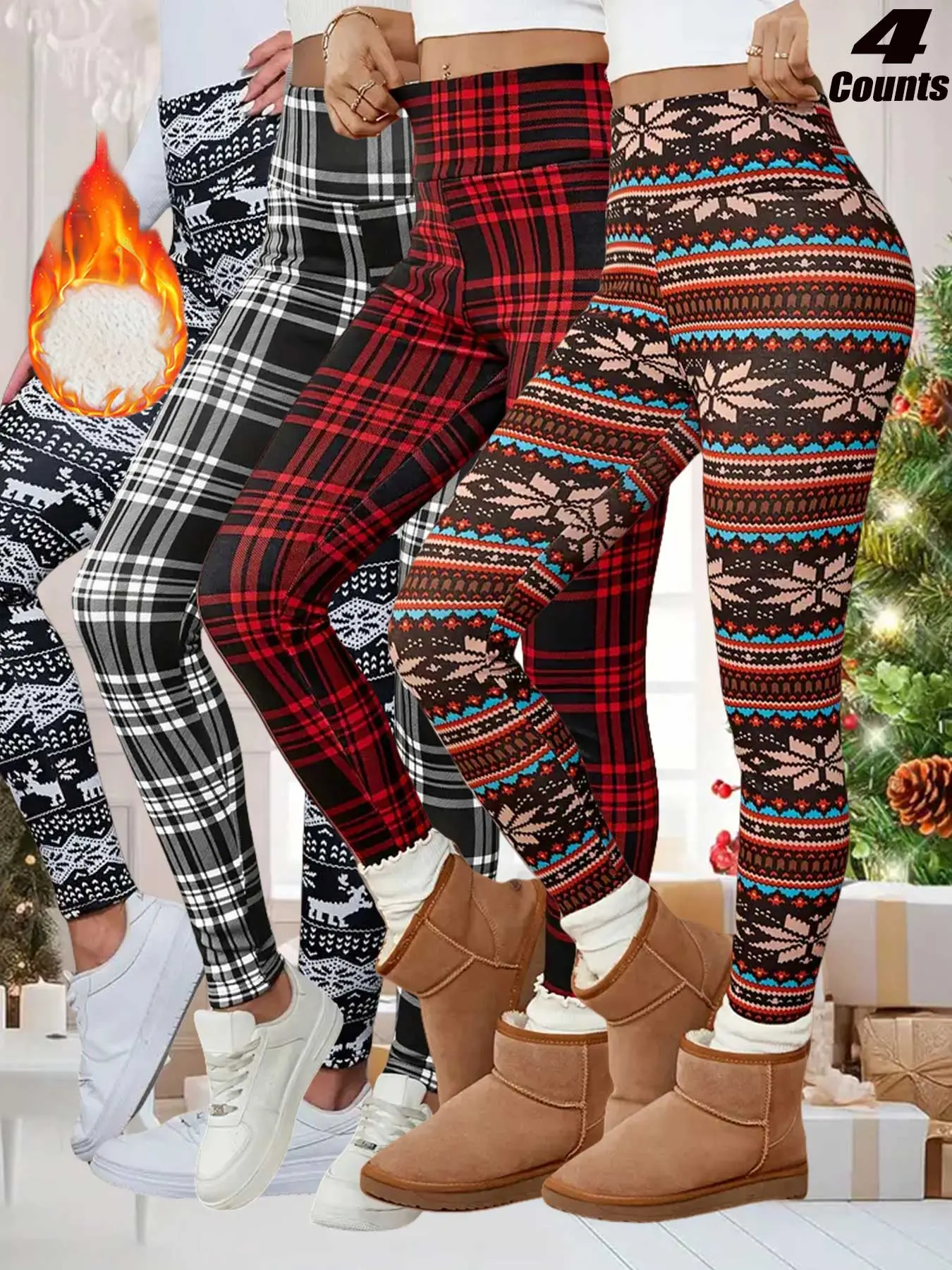Women's Fall Winter Fleece Lining Christmas Snowflake Deer Plaid High Waist Elastic Warm Sheepskin Tight Leggings, Casual Plant Pattern Trousers, High Rise Leggings
