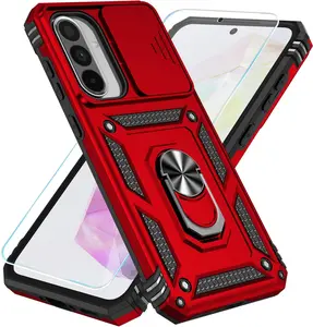Samsung Galaxy A36 5G Case, A56 5G Case with HD Screen Protector & Slide Camera Cover & Rotated Ring Kickstand, Dual Layers Phone Case for Galaxy A36/A56 (Red)