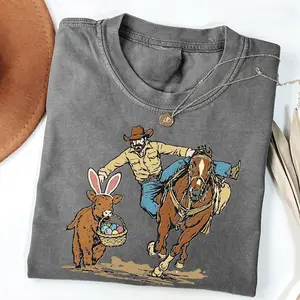 Retro Easter Cowboy Tshirt, Bunny Basket Western Spring Shirt, Trendy Easter Day Gift