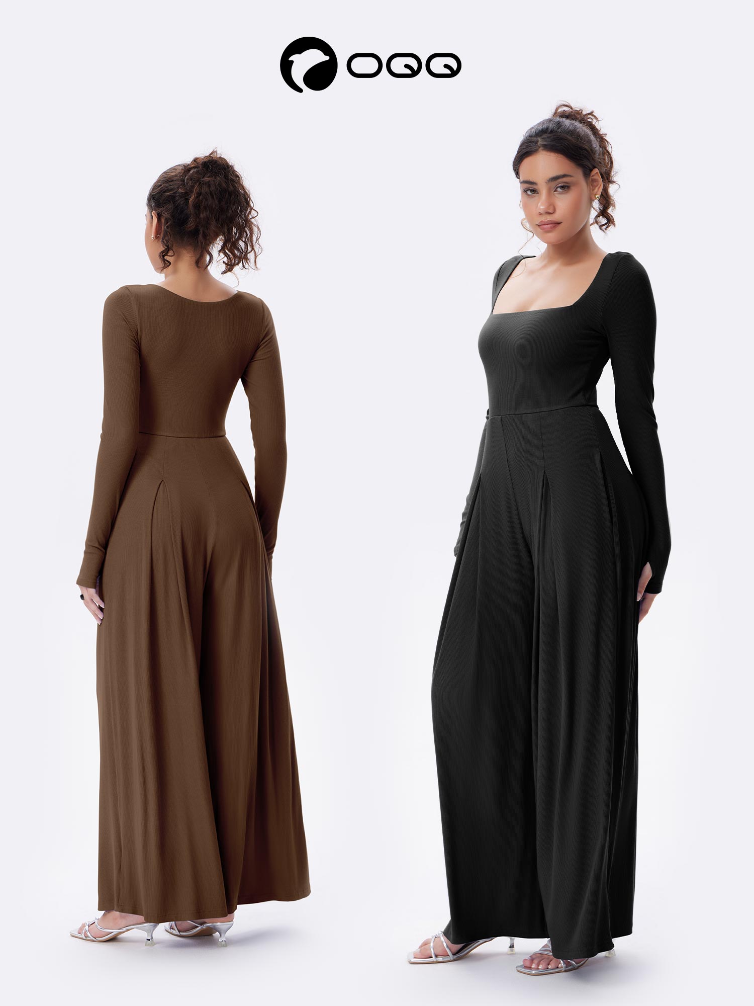 OQQ Women's Long Sleeve Square Neck Wide Leg Jumpsuit With Pockets Casual Fashion Lightweight One Piece Jumpsuits SpringStatements