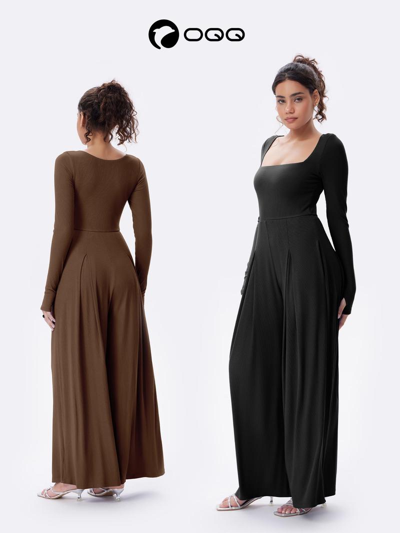 OQQ Women's Long Sleeve Square Neck Wide Leg Jumpsuit With Pockets Casual Fashion Lightweight One Piece Jumpsuits