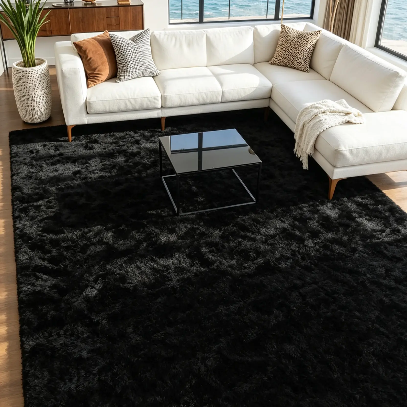 【Summer Sales Deals】Black Plush Shaggy Area Rug - Ultra-Soft Long Fur, Non-Slip Cozy Floor Mat, Modern Decorative Mats, Fluffy Furry Rug for Living Room, Home Accessory with Cozy Vibes | SummerVibes Sohochic