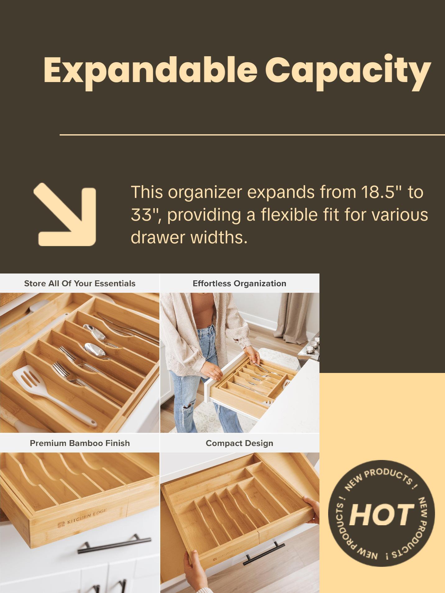 Premium Silverware, Flatware and Utensil Organizer for Kitchen Drawers, Food-Safe Contract Grade, Expandable from 18 to 33 In, Natural Bamboo Boxes Adjustable