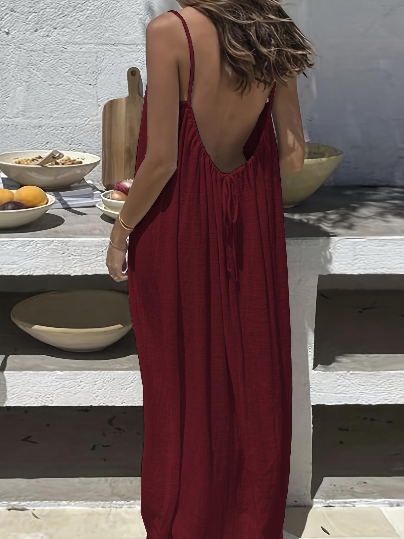 Women's Solid Color Cami Lounge Dress, Elegant Sleeveless Long Dress for Summer, Ladies Sleepwear for Indoor Wear Sultry Open-Back Slip Dress for Valentine's