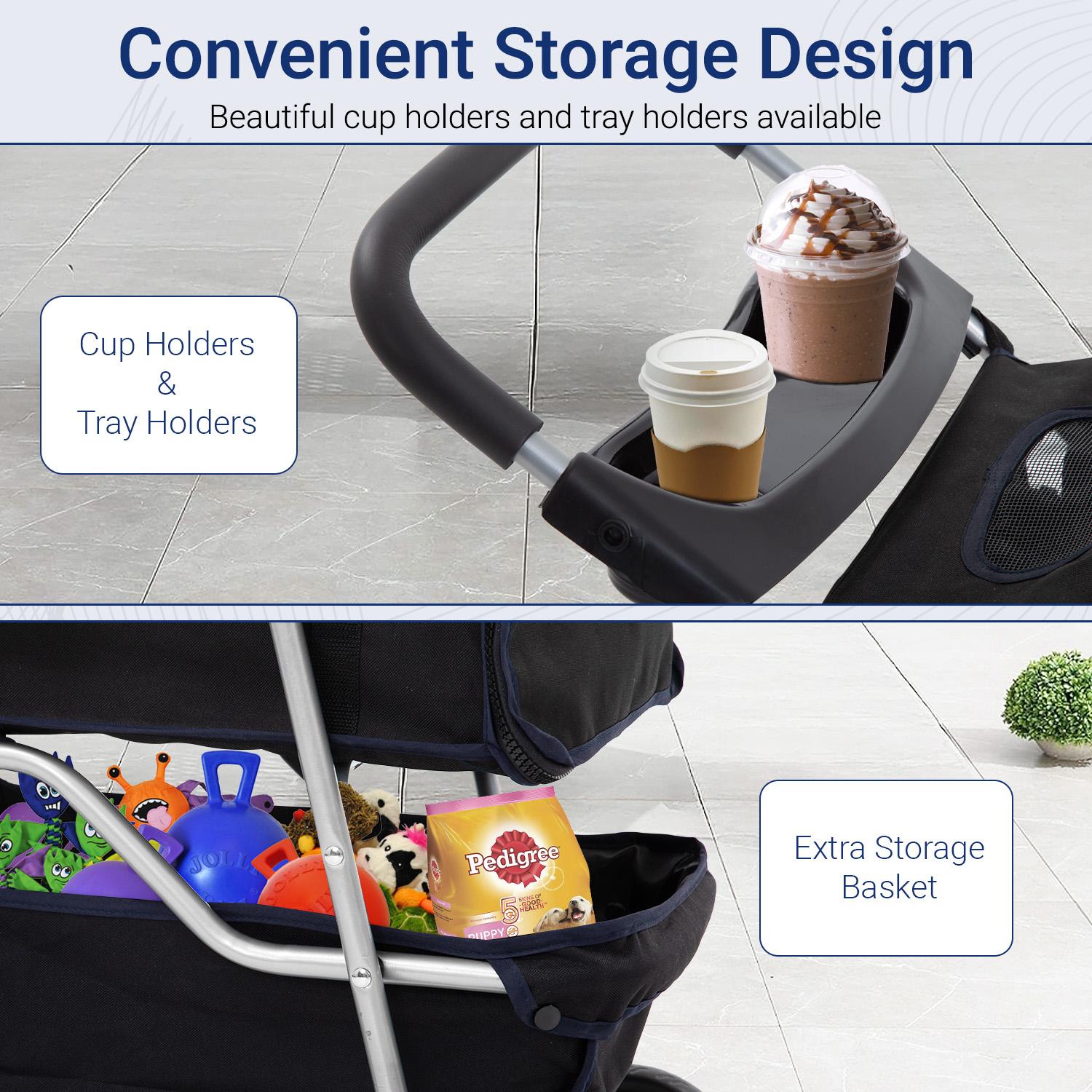 BestOffice 3/4 Wheels Pet Stroller for Cats & Dogs All Pets Up to 25lbs Foldable Travel Carrier Safety Leash & Mesh Windows Lightweight Jogger Stroller with Storage Basket