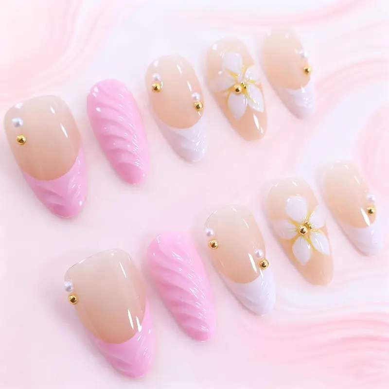 Valentine's Day Limited 3D Pink Almond Press On Nails 3D Flower Gold Bead French Tip 30Pcs W Glue Tabs Salon-Quality Glossy Finish Romantic Design Luxury Stiletto Reusable