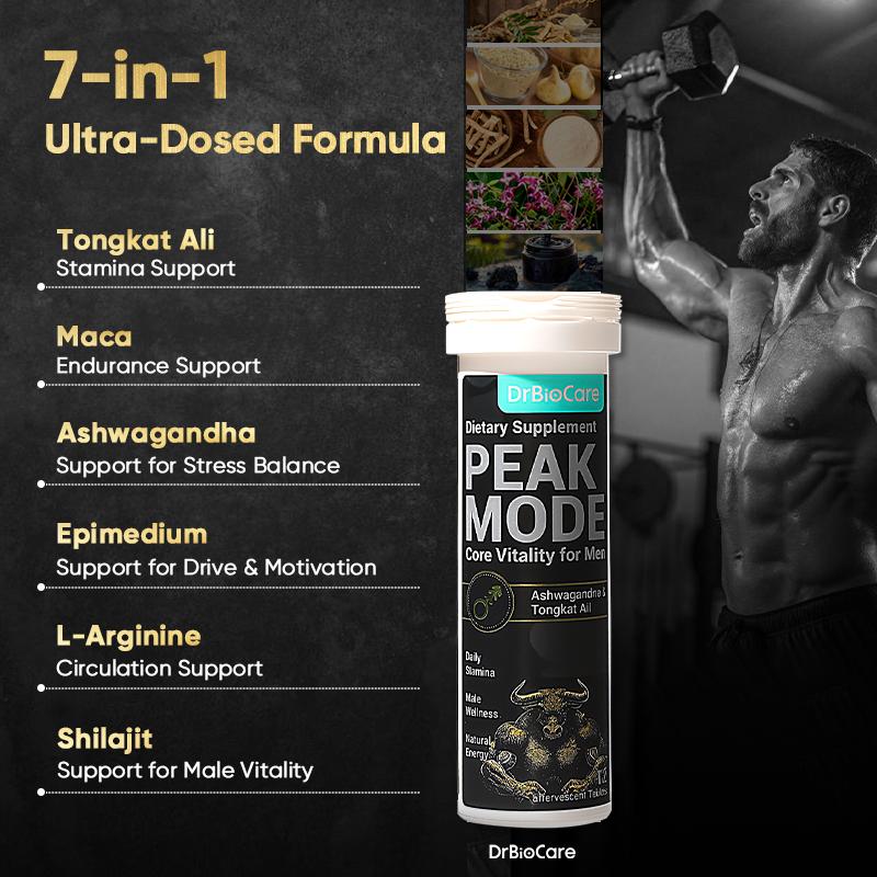 DrBioCare PEAK MODE – Men’s Vitality, Energy, Strength & Endurance Effervescent Tablets | Tongkat Ali, Shilajit, Maca & L-Arginine for Focus & Overall Wellness | Fast-Absorbing Formula