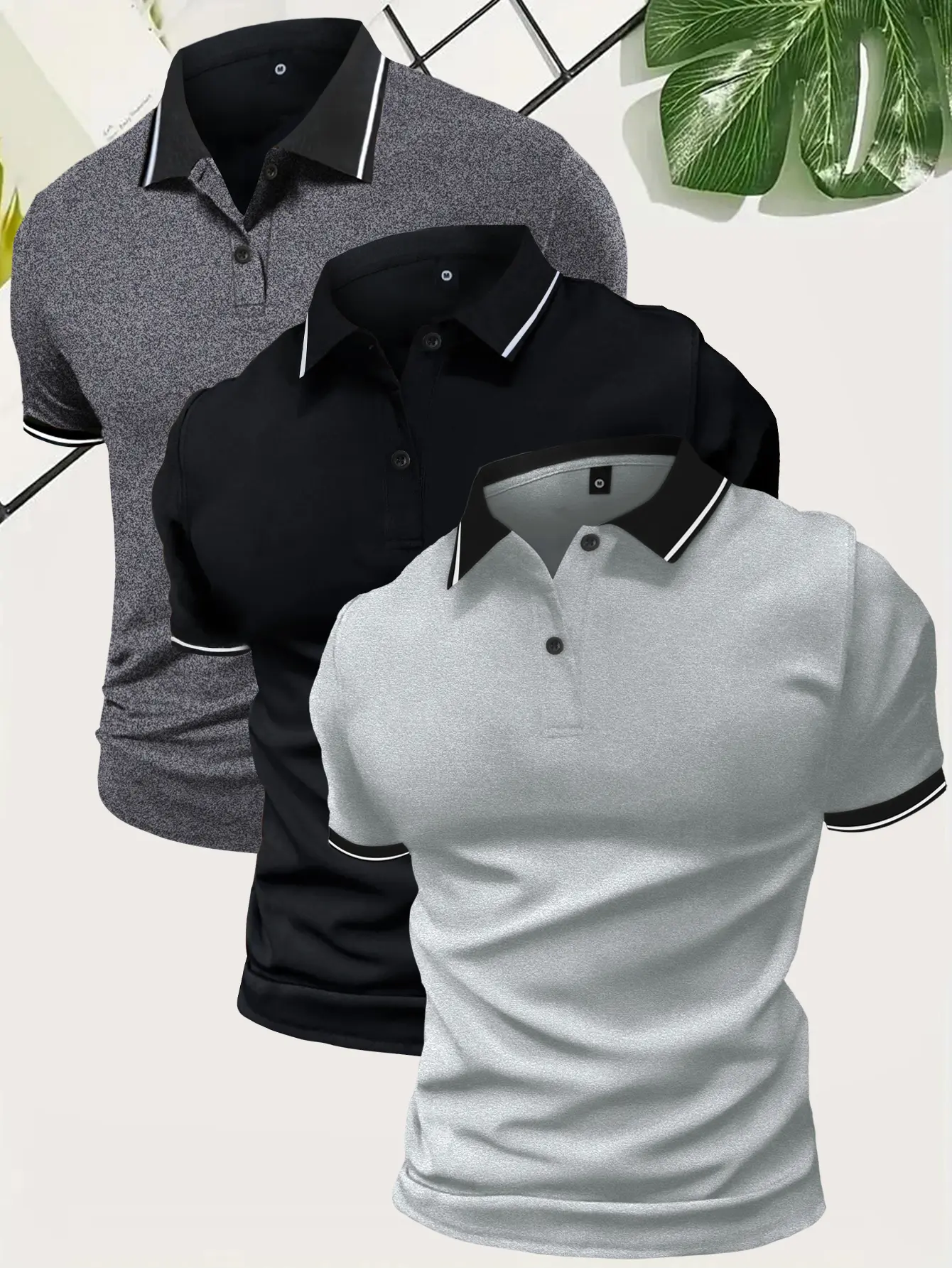 Men’s 3-Pack Stretched Tropical Khaki Menswear Short-Sleeve Polo Shirts - Button Placket, Stand Collar, Minimalist Retro Fabric - Suitable for Casual Outings, Beach Vacations, Great for Boyfriends Gifts, Shortsleeve, Knitted, Stylish, Clothes, Set, Formal