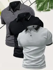 Men’s 3-pack summer short-sleeve polo shirts with a button placket and a stand collar, minimalist retro style. Suitable for beach vacations, casual sports, and outings. Can also be used for work, golf, fishing, or camping—great as gifts for boyfriends or