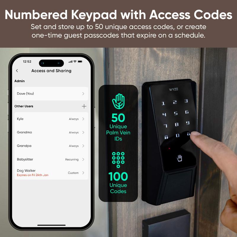 Wyze Palm Lock — Wi-Fi Palm Recognition Smart Lock for Front Door, Keyless & Touchless Entry, Modern Design, Auto-Lock, Easy Installation, Deadbolt Replacement, IP53 Weatherproof