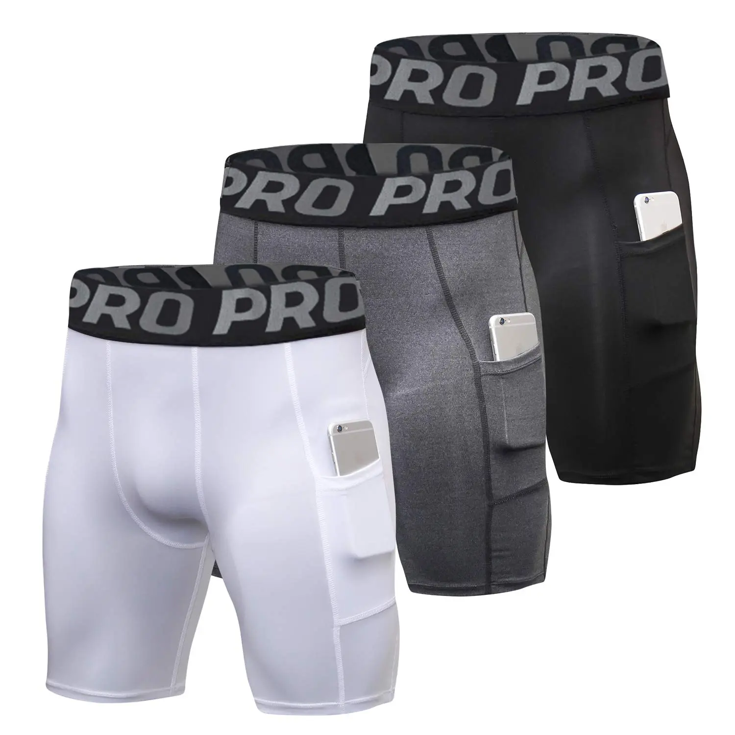 Compression Shorts Mens 3 Pack Sports Anti-Chafing Underwear Base Layer Shorts Quick Dry Running Shorts with Phone Pockets Cycling Tights for Workout Athletic Rugby Short Protect Leg Skin springtok