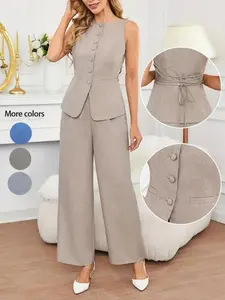 Chic Women's Solid Color Button Front Vest & Wide Leg Pants - Elegant Summer Casual Outfit for Every Occasion