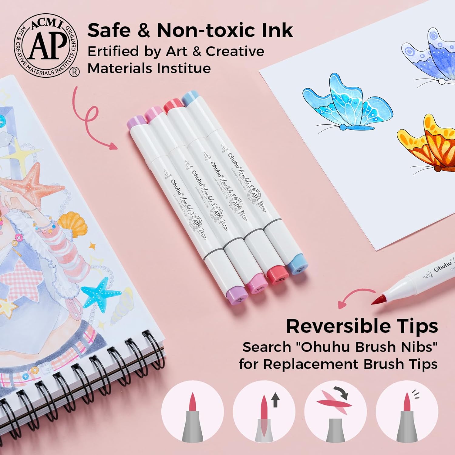 Ohuhu Soft Chisel Alcohol Markers Red Dot Design Award Winner Brush & Soft Chisel Dual Tips Drawing Markers for Artist Beginner Adult Coloring Illustration Sketching -Honolulu S - 24 skin-tone / 48 basic tone / 60 Illustration-color