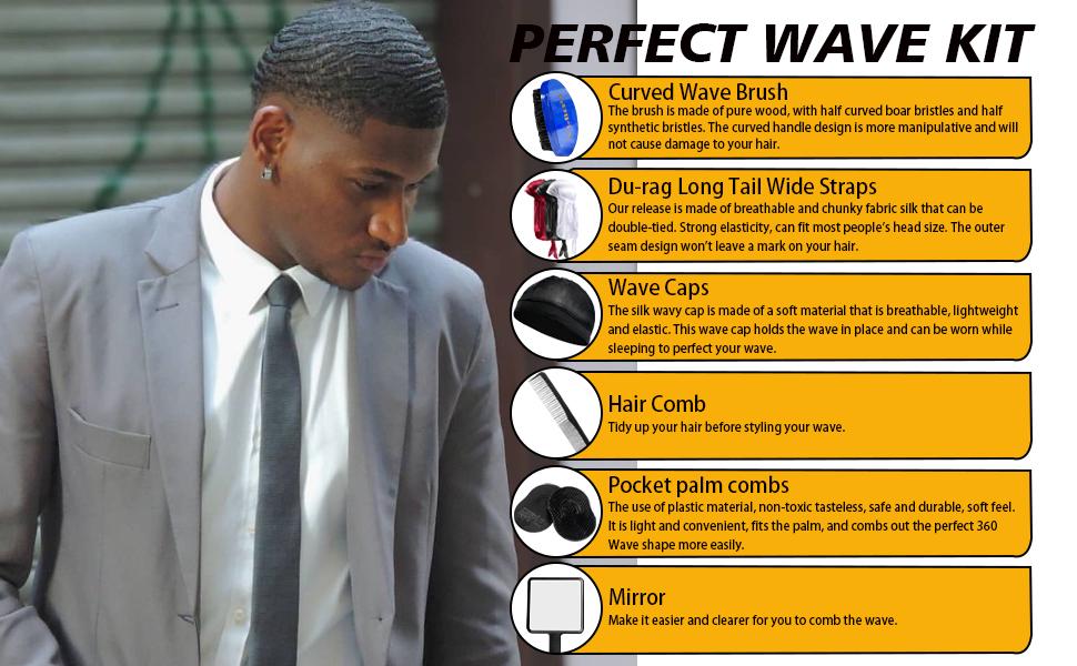 Strong Hold Wave Pomade for Men, 360 WaveTraining Hair Cream Grease Promotes Layered Waves, Silky Shine, Non-Toxic,  High Performance， Brush and Durag Cap Set ，Valentine’s Day Gift for Men