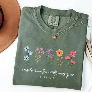 Comfort Colors Consider How the Wildflowers Grow Christian T-Shirt, Luke 12:27 Bible Verse Floral Graphic Tee, Faith Wildflower Shirt, Inspirational Christian Gift