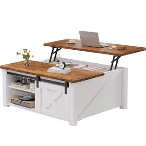 Modern Lift Top Coffee Table with Hidden Storage & Adjustable Shelves, Square Farmhouse Center Table for Living Room