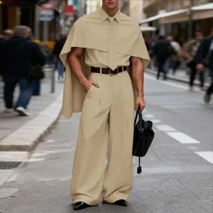 INCERUN Men's Spring Autumn [British Retro/Preppy] [Shirt/Top] Cape Overlay Long Sleeve Button Up Solid Color Detective