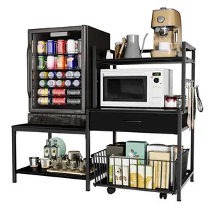 Bakers Rack with Mini Fridge Stand & Microwave Shelf – Coffee Bar with Drawer, Rolling Basket Storage & Hooks – Heavy Duty Kitchen Organizer for Apartments, Dorms & Living Rooms